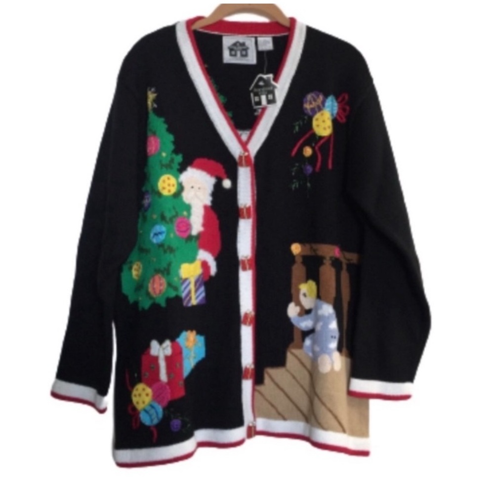 VINTAGE STORYBOOK KNITS Cardigan Hand Knit Sweater Christmas Eve Scene Large NWT